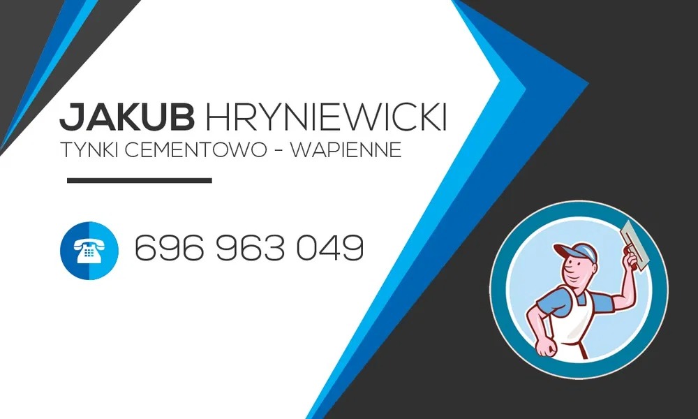 Wizytówka firmy budowlanej: imię i nazwisko, numer telefonu oraz grafika przedstawiająca murarza z kielnią.