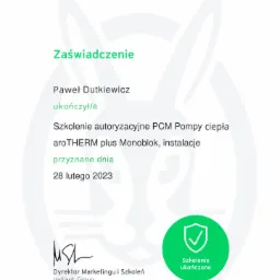 Skan zaświadczenia o ukończeniu szkolenia autoryzacyjnego PCM Pompy ciepła aroTHERM plus Monoblok, instalacje, przyznanego przez Vaillant w dniu 28 lutego 2023 dla Pawła Dutkiewicza.