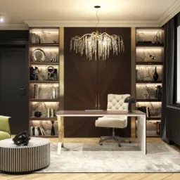 Eleganckie biuro domowe z marmurowymi akcentami, kryształowym żyrandolem i zielonymi fotelami, oświetlone półki z dekoracjami, biurko z tapicerowanym krzesłem.