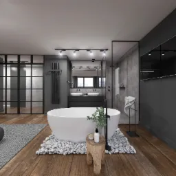 Nowoczesna łazienka w odcieniach szarości z wolnostojącą białą wanną na tle drewnianej podłogi i białych kamieni, minimalistyczna armatura, szklana kabina prysznicowa, drewniany stołek...