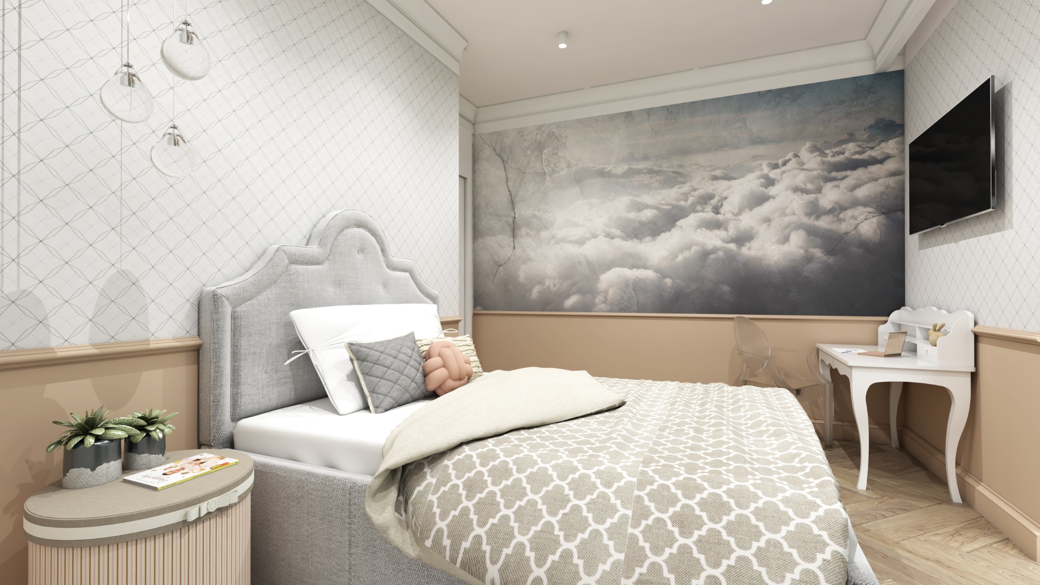 Nowoczesna sypialnia z szarą tapicerowaną ramą łóżka, wzorzystą tapetą, biurkiem i fototapetą z motywem chmur, oświetlona wiszącymi lampami.