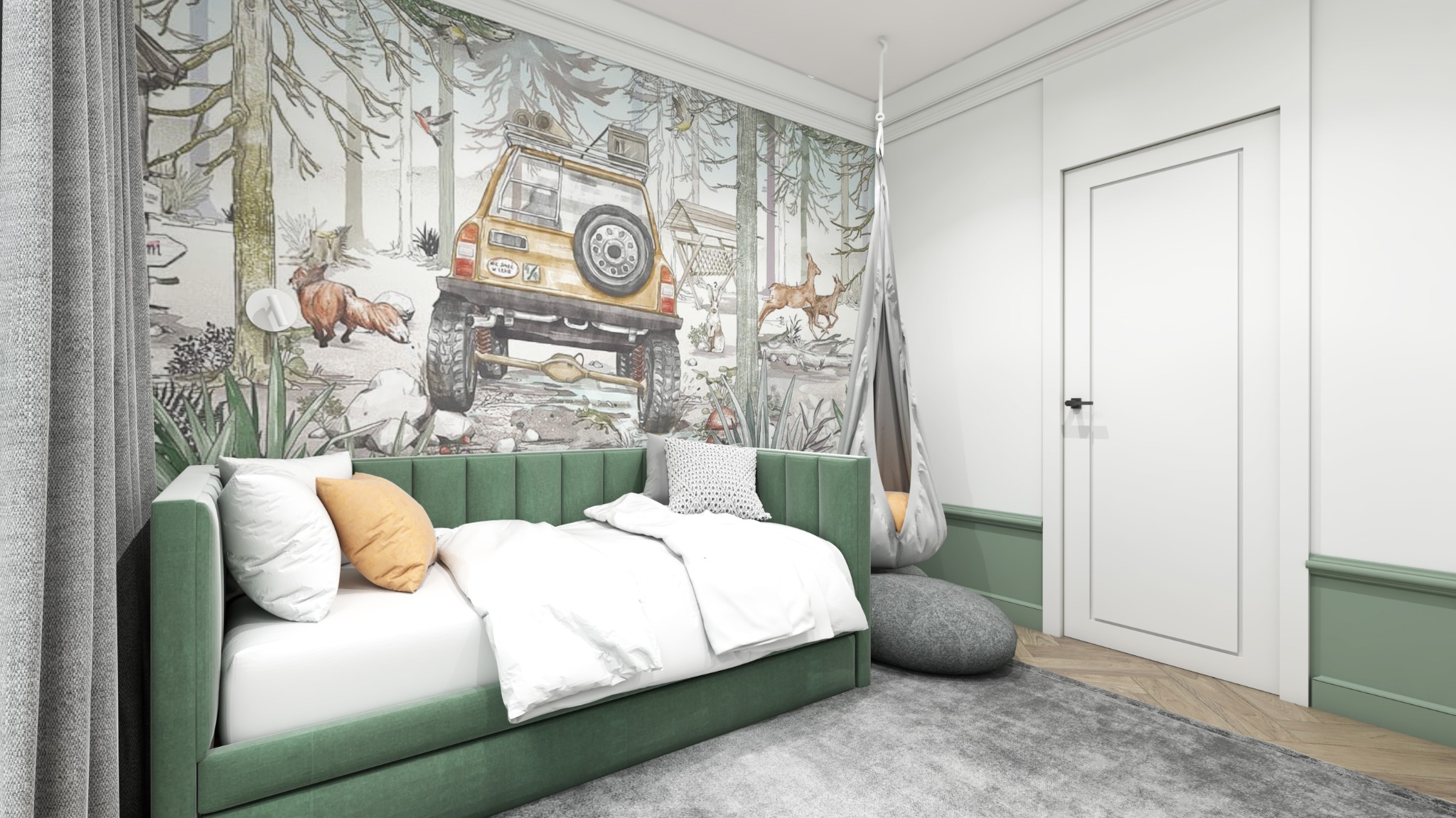 Pokój dziecięcy z tapetą w leśny motyw z samochodem terenowym, zielonym łóżkiem i wiszącym fotelem typu kokon