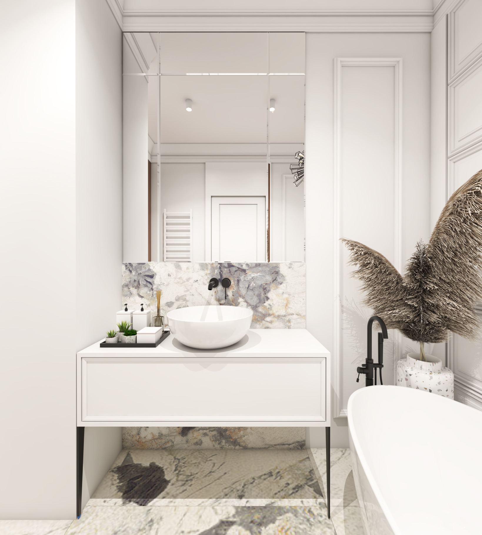 Jasna łazienka w stylu minimalistycznym z umywalką nablatową, czarną armaturą i dekoracyjną trawą pampasową w wazonie.
