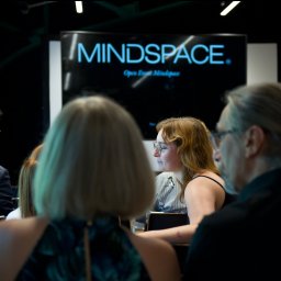 Maya Heller - Uczestnicy konferencji w sali z logo Mindspace na ekranie, widok zza pleców.