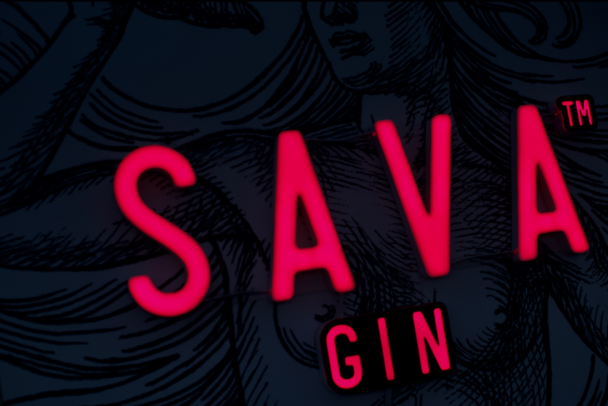 Neonowy szyld z napisem 'SAVA GIN' na tle grafiki przedstawiającej kobiecą twarz.