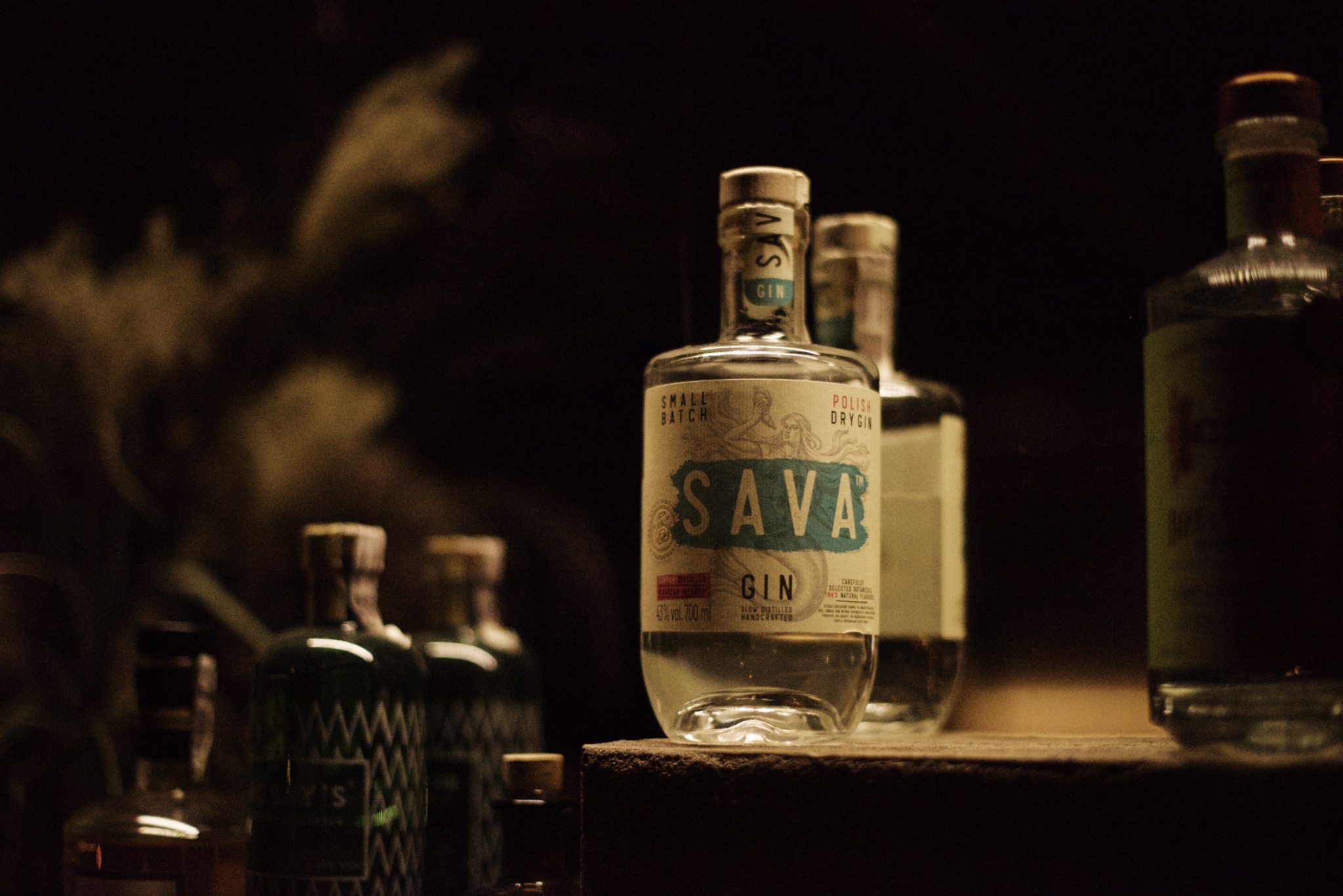 Butelka polskiego ginu rzemieślniczego Sava na drewnianej półce, w tle inne butelki trunków w ciemnym otoczeniu.