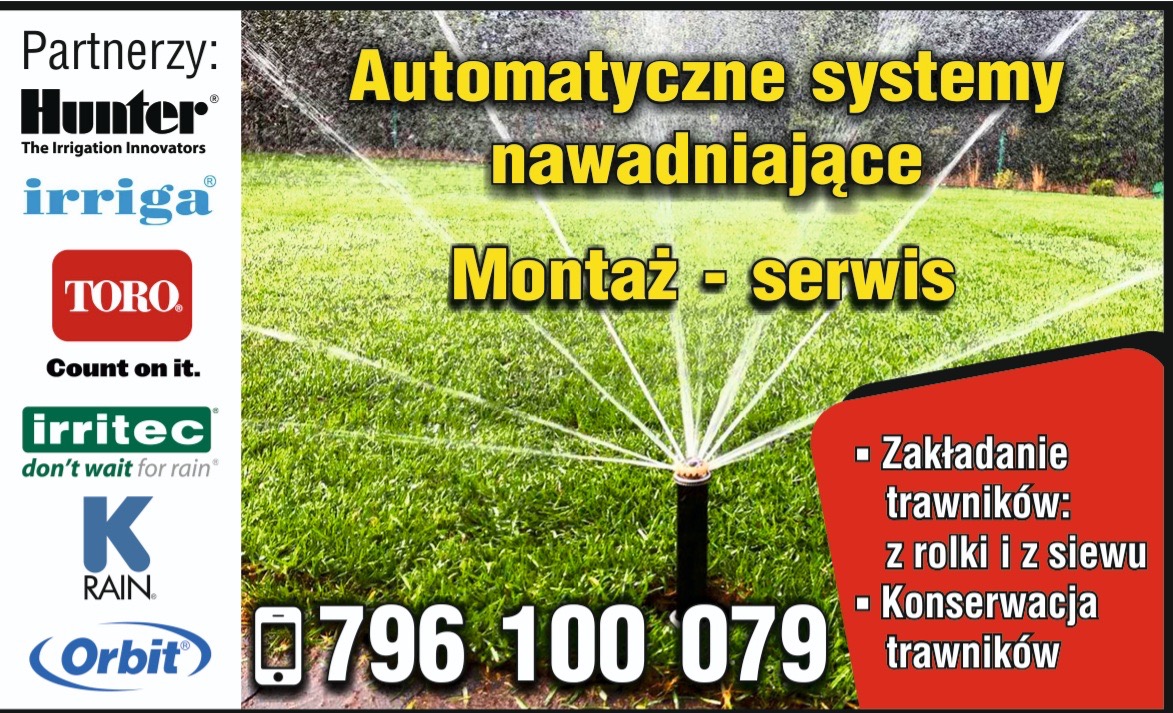 Działający automatyczny system nawadniania trawnika z widocznymi logotypami partnerów: Hunter, Irriga, Toro, Irritec, K-Rain i Orbit oraz numerem telefonu kontaktowego.