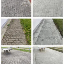 Montaż kolażu prezentującego efekt przed i po czyszczeniu szarej kostki brukowej na zewnątrz budynku, z widocznymi różnicami w kolorze i czystości powierzchni.