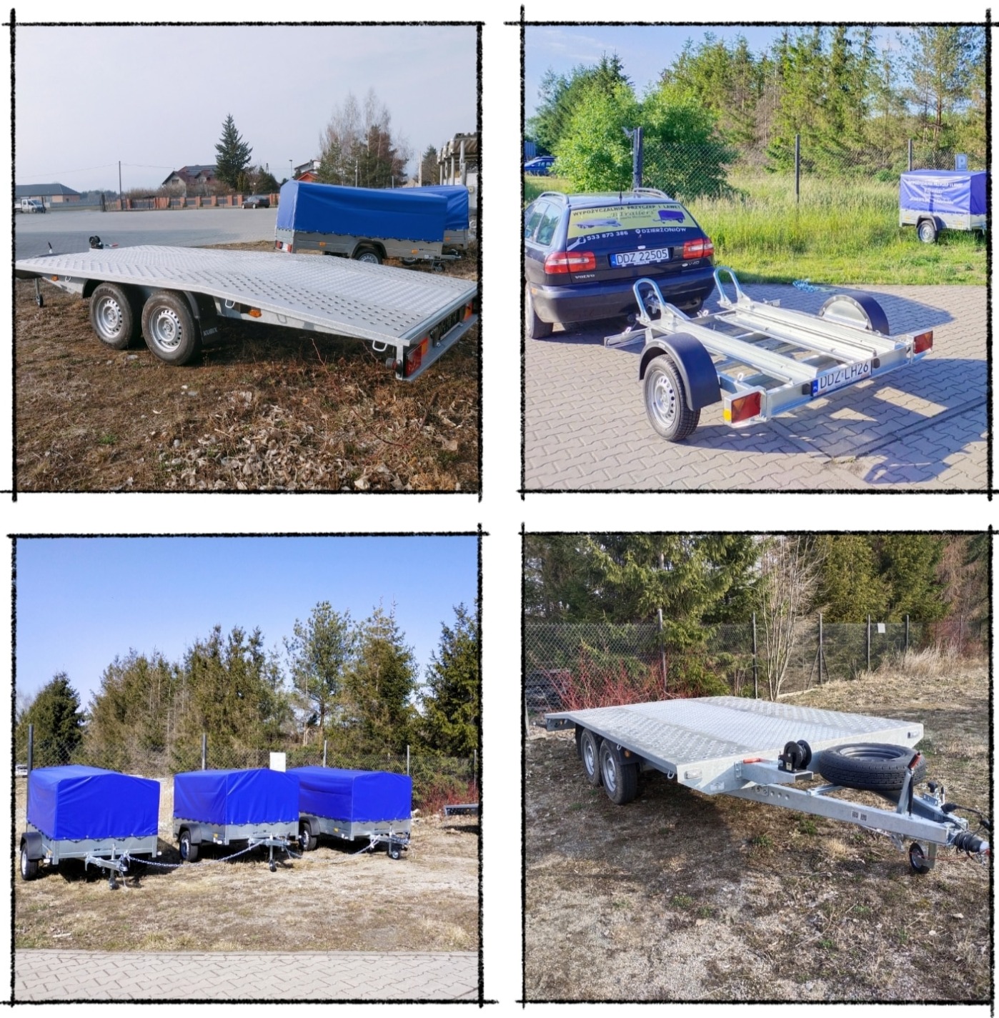 Zestawienie czterech ujęć przyczep: platforma samochodowa na trzech osiach, mała przyczepa do przewozu motocykli podpięta do samochodu osobowego, rząd przyczep z niebieskimi plandekami, przyczepa...