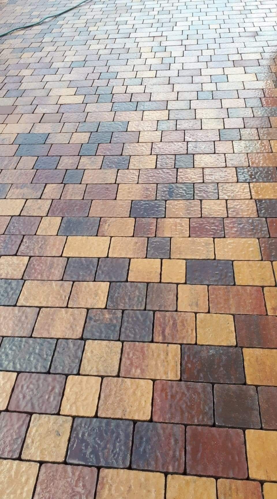 Ułożona nawierzchnia z wielobarwnej kostki prostokątnej, widoczna fuga i delikatne załamania światła na powierzchni, u góry kadru widoczny fragment węża ogrodowego.