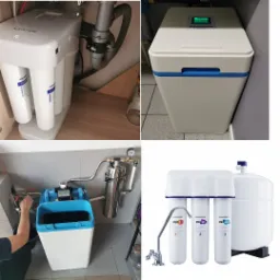 Kompozycja z czterech ujęć: filtr do wody Aquaphor zamontowany pod zlewem z widocznymi rurami, duży filtr Aquaphor w rogu pomieszczenia, instalacja filtra z podłączeniem do rur wodnych i manometrem...