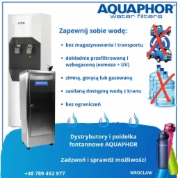 Dystrybutor wody Aquaphor z funkcją filtrowania, eliminujący potrzebę magazynowania i transportu wody, oferujący wodę zimną, gorącą i gazowaną, zasilany wodą z kranu.