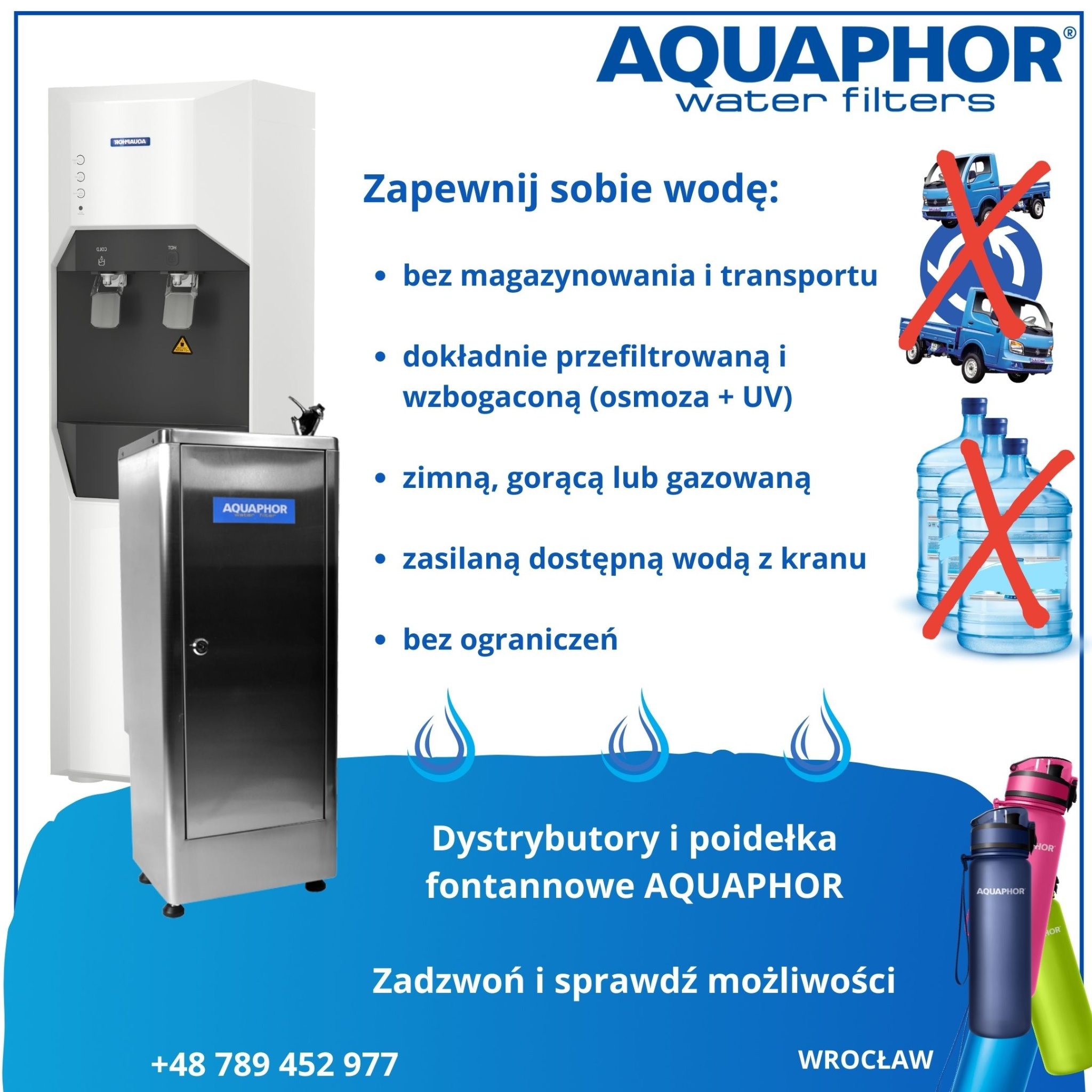 Dystrybutor wody Aquaphor z funkcją filtrowania, eliminujący potrzebę magazynowania i transportu wody, oferujący wodę zimną, gorącą i gazowaną, zasilany wodą z kranu.