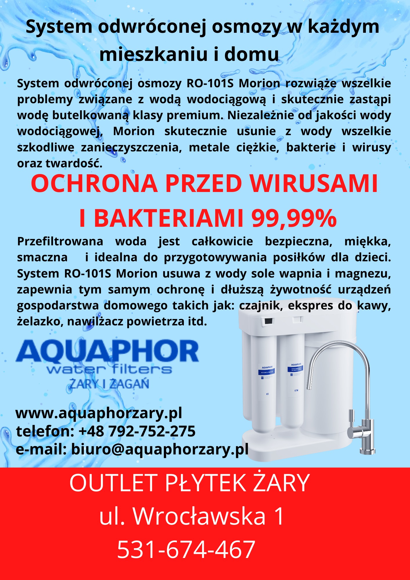 System odwróconej osmozy Aquaphor RO-101S Morion, zapewniający ochronę przed wirusami i bakteriami, wraz z informacjami kontaktowymi firmy.
