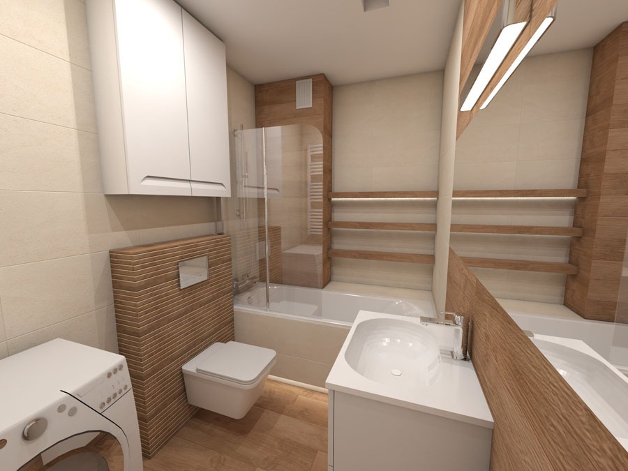 Wizualizacja łazienki z drewnianymi akcentami, obejmująca umywalkę z szafką, toaletę podtynkową obudowaną drewnopodobnymi płytkami, wannę za szklaną kabiną oraz pralkę.