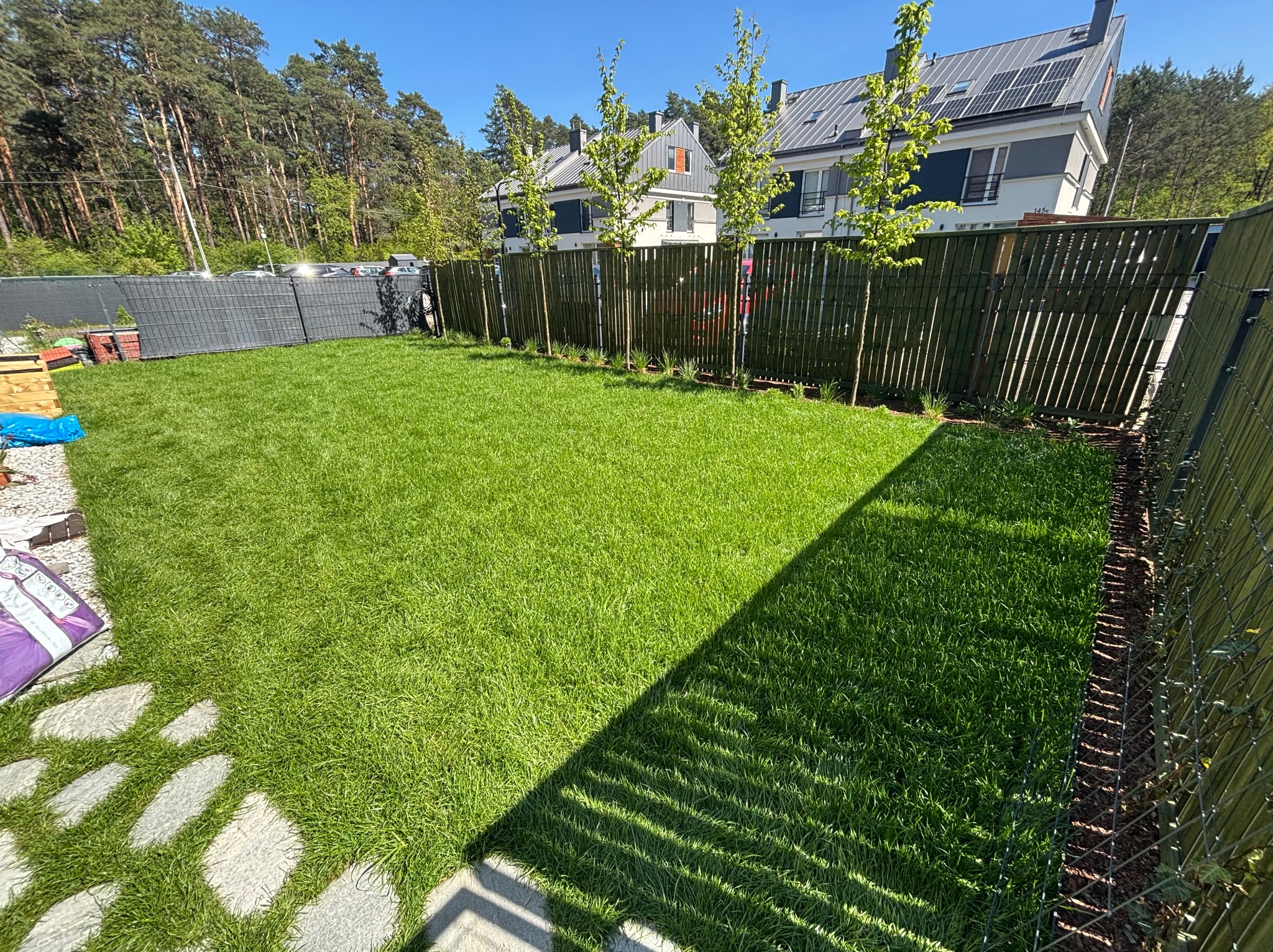 Zadbany trawnik z młodymi drzewkami wzdłuż ogrodzenia, widok z perspektywy chodnika z kamiennymi płytami. W tle domy z panelami słonecznymi i las.