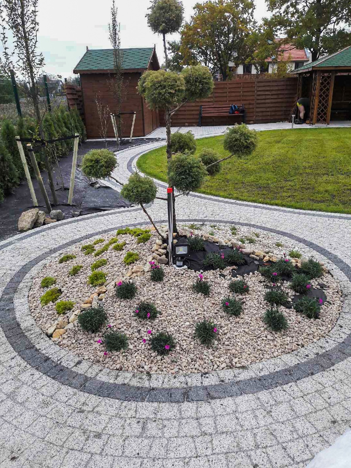 Okrągły klomb z ozdobnym drzewkiem formowanym w kule, wysypany białym żwirem, z nasadzeniami mchu i niskich roślin kwitnących na różowo, otoczony kostką brukową, z oświetleniem punktowym.