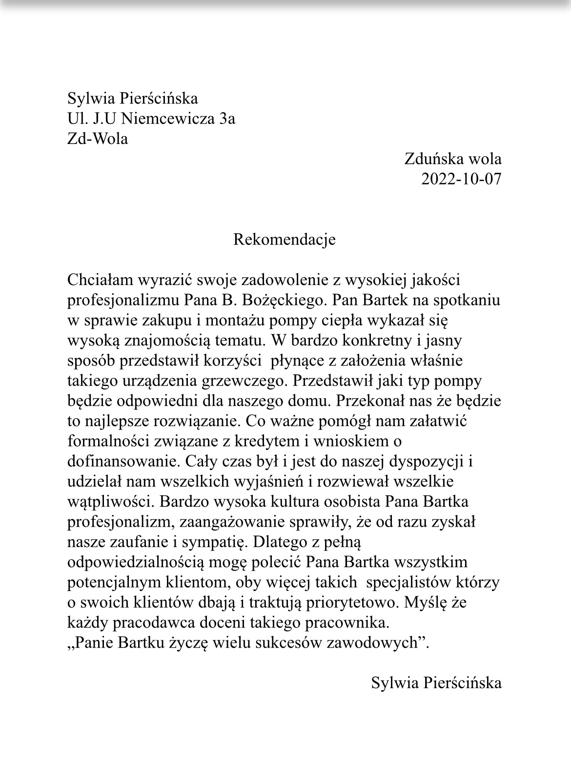 Skan referencji dotyczących zakupu i montażu pompy ciepła, wystawionych przez zadowoloną klientkę, Sylwię Pierścińską, z datą 2022-10-07.