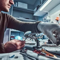 Mężczyzna w rękawicy ochronnej lutuje mały element elektroniczny przy użyciu uchwytu z lupą, na stole rozłożone narzędzia i części.