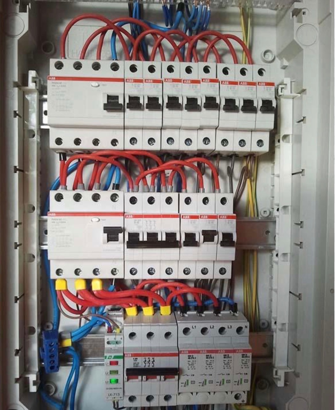 Rozdzielnica elektryczna ABB z bezpiecznikami i okablowaniem w kolorach czerwonym, niebieskim i żółtym, zamontowana w białej obudowie. Widoczne elementy sterujące i zabezpieczenia.