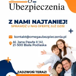 Reklama firmy ubezpieczeniowej Omega Ubezpieczenia z uśmiechniętą rodziną na białym tle, kontaktowy adres e-mail i numer telefonu.