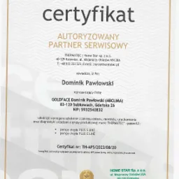 Certyfikat autoryzowanego partnera serwisowego Thermatec dla firmy Goldface Dominik Pawłowski, potwierdzający ukończenie szkolenia z zakresu doboru, montażu i uruchomienia pomp ciepła Plus S Line...