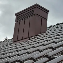 Błyszcząca, brązowa dachówka ceramiczna z nowym, metalowym kominem wentylacyjnym na tle pochmurnego nieba, widoczny fragment drzewka.