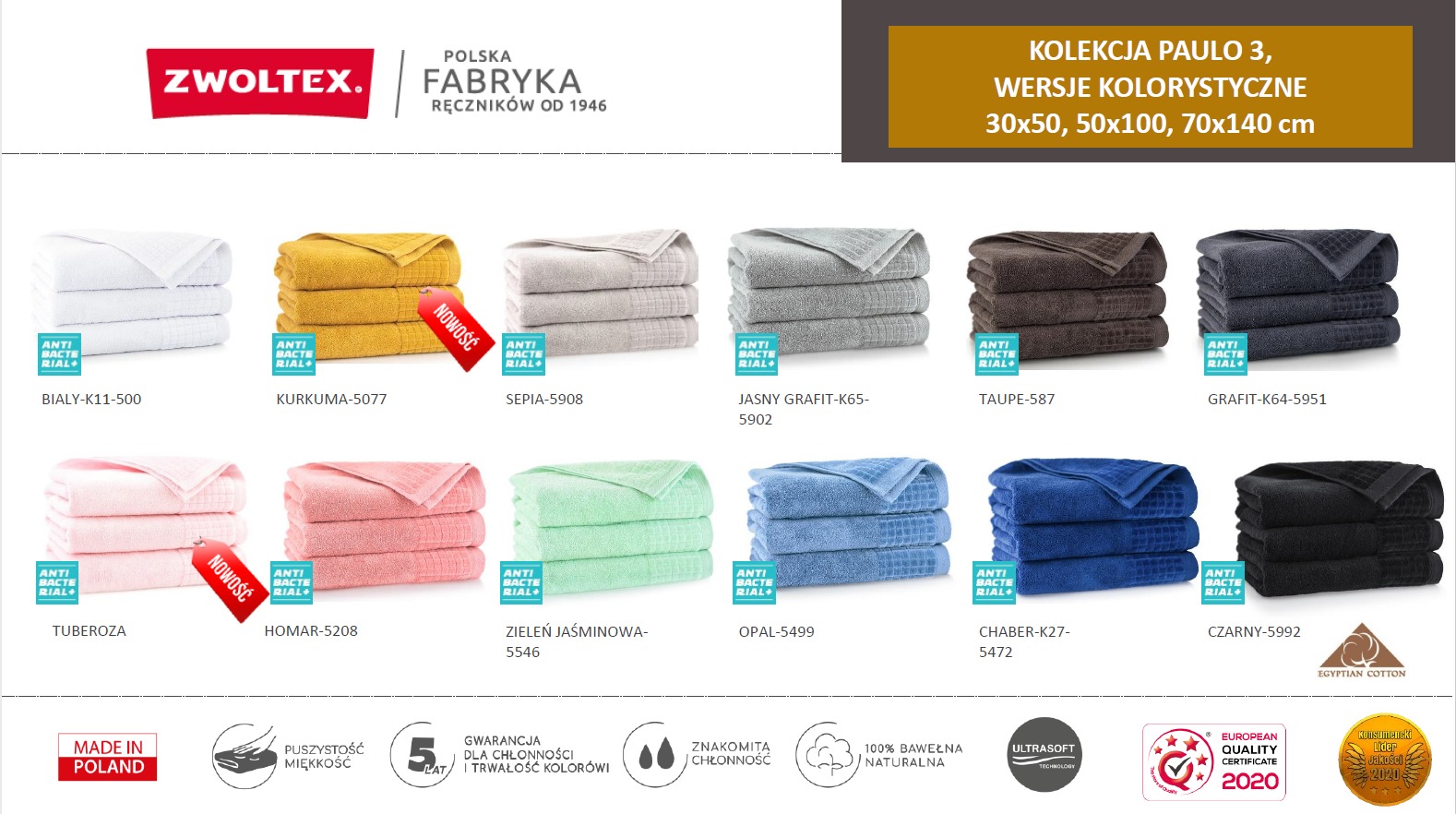 Katalog ręczników Zwoltex Paulo 3 w różnych kolorach i rozmiarach, prezentacja na białym tle z logo firmy i oznaczeniami jakości.