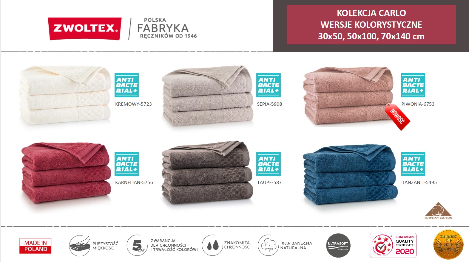 Zestaw sześciu kolorowych kompletów ręczników z kolekcji Carlo, ułożonych w stosy po trzy sztuki, prezentujących różne odcienie i wzory, z widocznymi oznaczeniami 'Anti Bacterial Plus'...