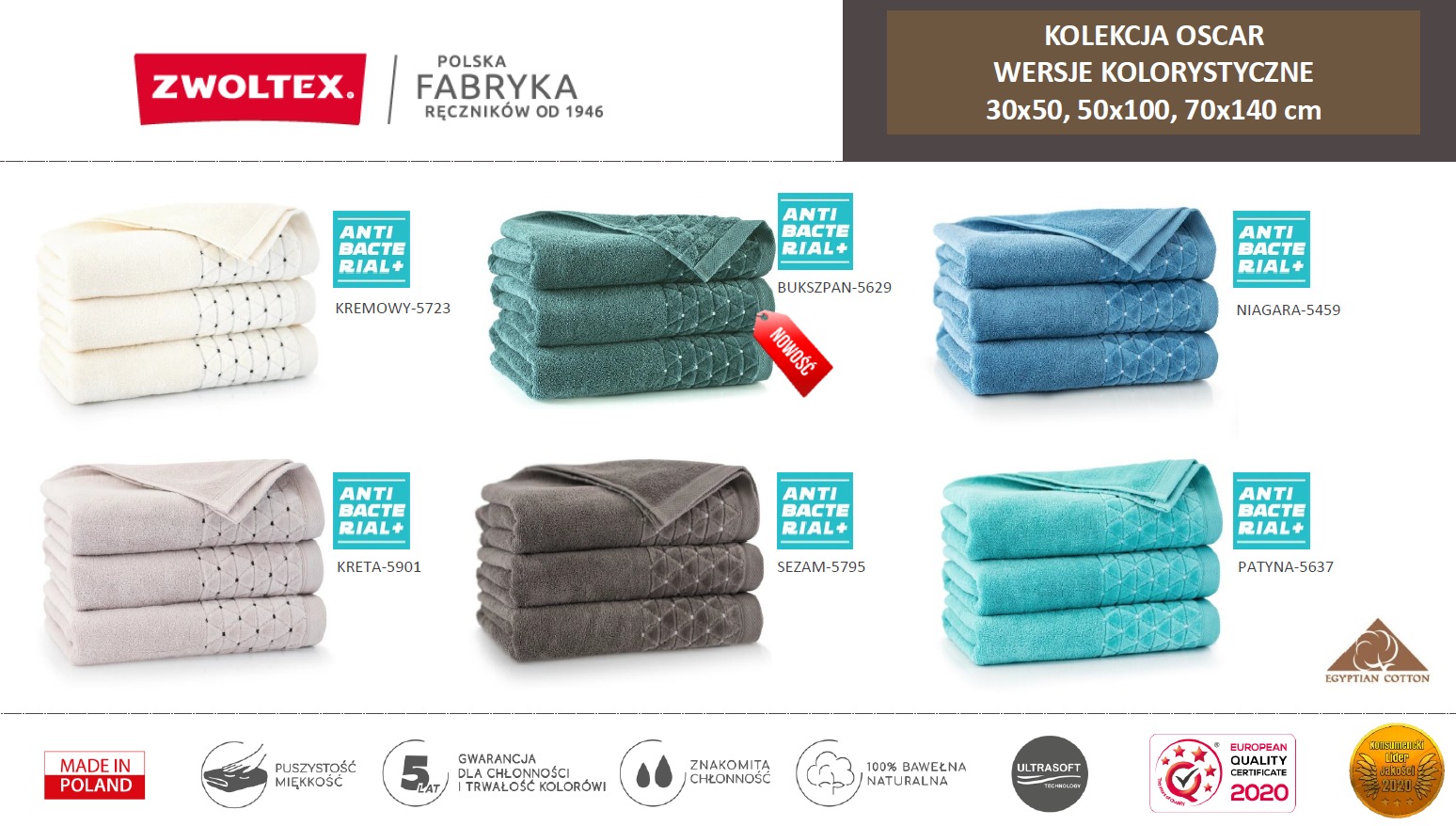 Kolekcja ręczników Oscar marki Zwoltex w różnych kolorach i rozmiarach: kremowy, bukszpanowy, niagara, kreta, sezamowy i patyna, z oznaczeniem antybakteryjnym, wykonane z bawełny egipskiej.