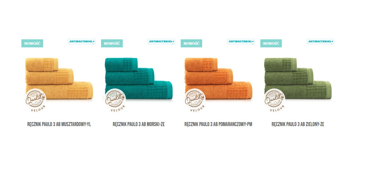 Zestaw trzech ręczników frotte w czterech wariantach kolorystycznych: musztardowym, morskim, pomarańczowym i zielonym, ułożonych w stosy, z oznaczeniami 'Nowość', 'Antybakteryjne' i logo 'Quality...