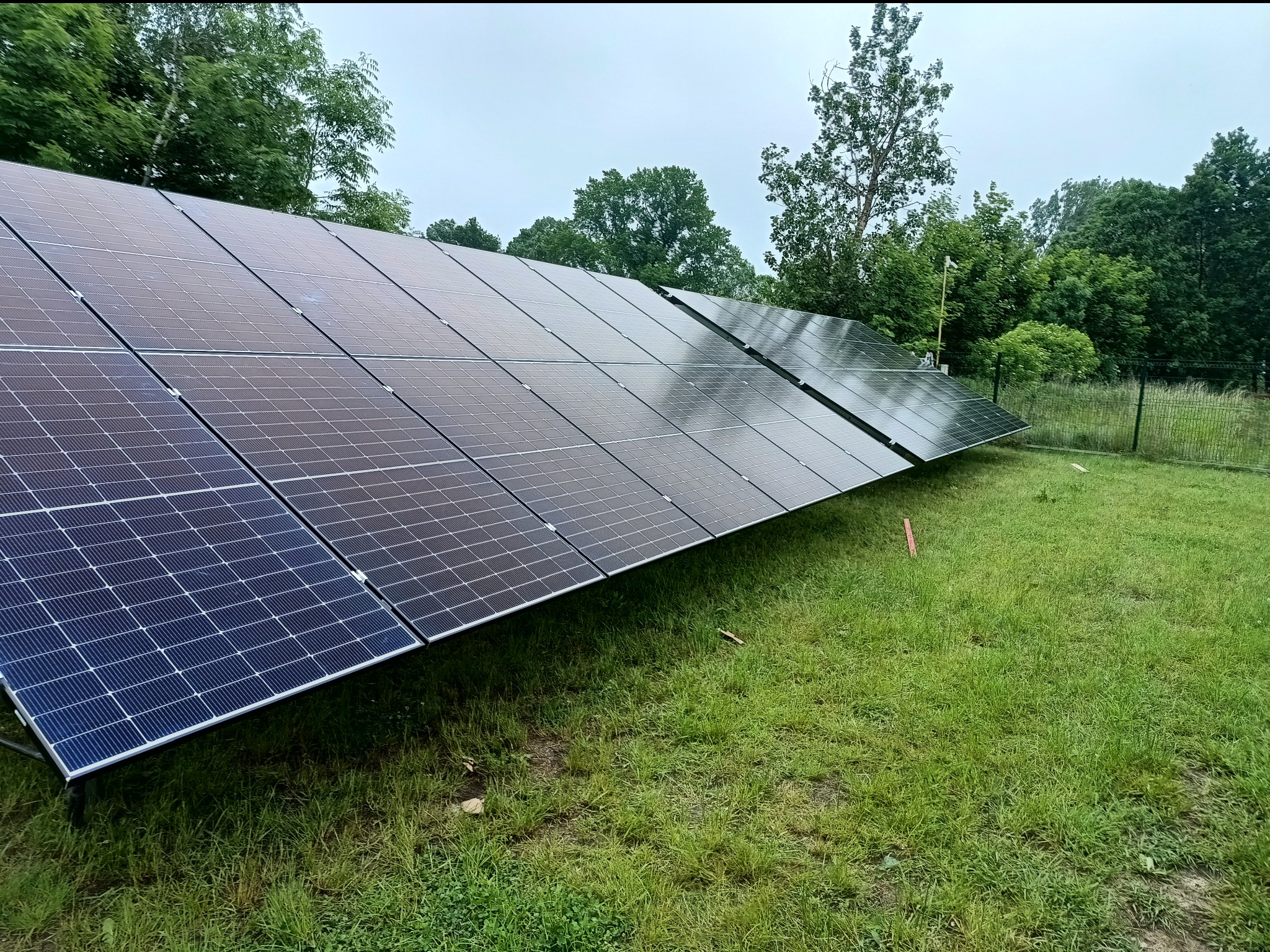 Rząd paneli słonecznych na metalowej konstrukcji, zainstalowanych na trawiastym terenie z widocznym ogrodzeniem i drzewami w tle, w pochmurny dzień.