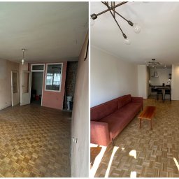 IPW Michał Wilkowski - Porównanie pokoju przed i po remoncie: surowe ściany i stara podłoga kontra gładkie ściany, odnowiona podłoga parkietowa i nowoczesne meble.