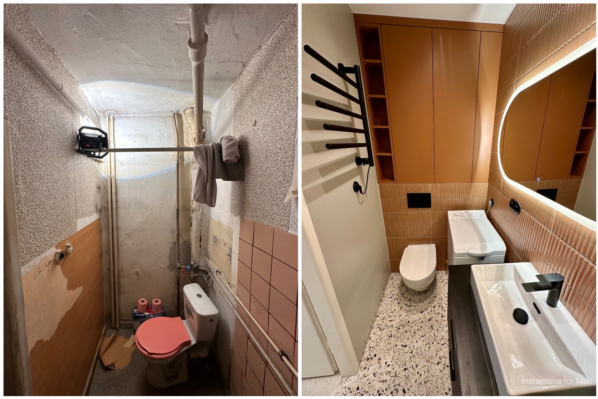 Porównanie stanu łazienki przed i po remoncie: surowe ściany z resztkami tapet i instalacji kontra nowoczesne wnętrze z terakotą, szafkami w kolorze terakoty, umywalką nablatową i podświetlanym...