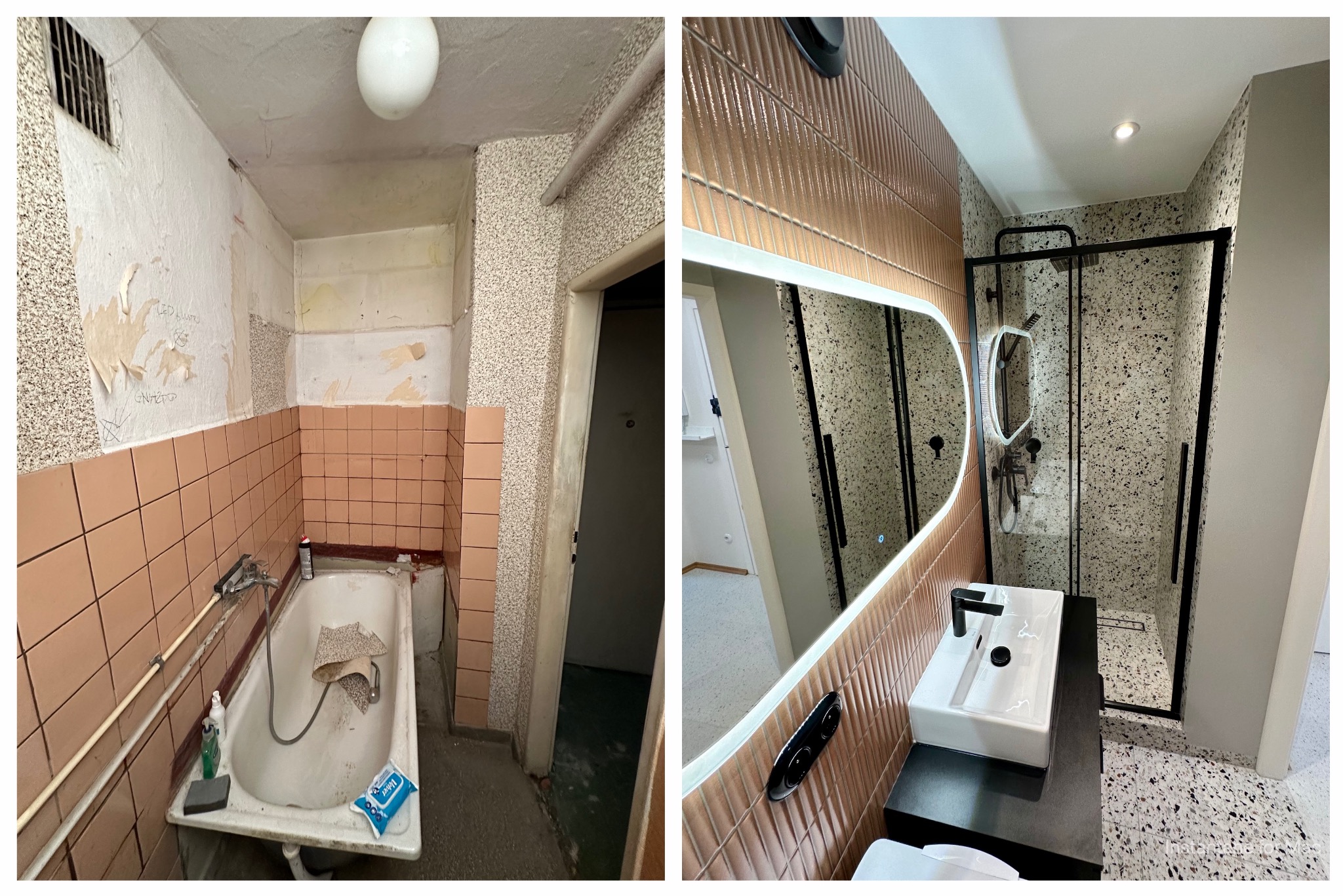 Porównanie łazienki przed i po remoncie: stara wanna z odpadającą farbą i nowa, nowoczesna kabina prysznicowa z umywalką na czarnym blacie, brązowe płytki ścienne i podłoga w stylu lastryko.