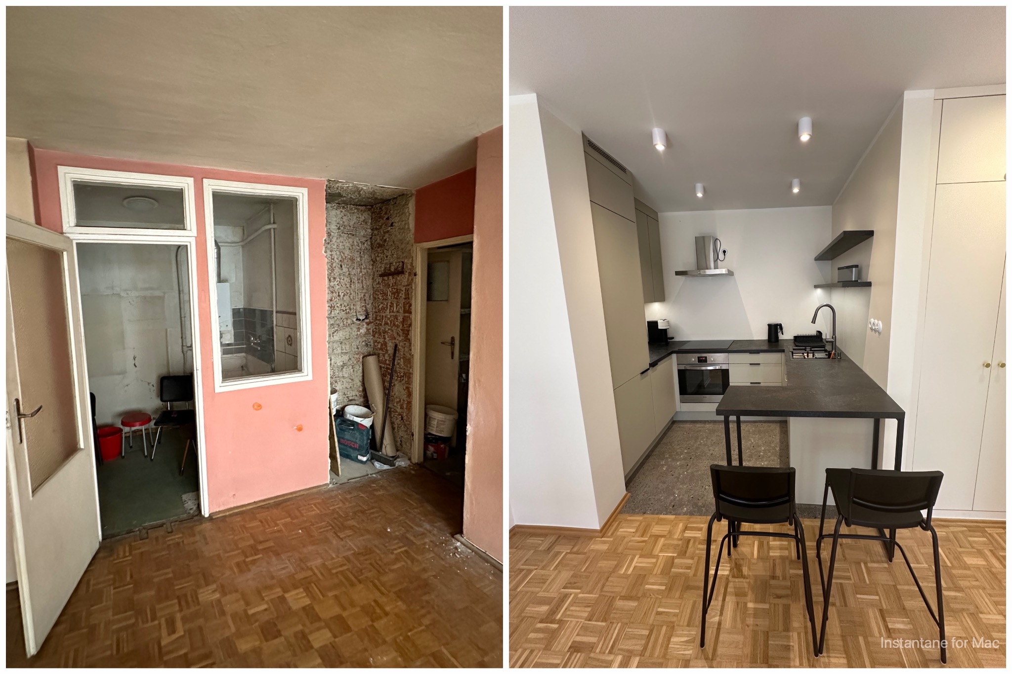 Porównanie kuchni przed i po remoncie: surowe ściany z cegły i resztki różowej farby kontra nowoczesna zabudowa kuchenna w odcieniach szarości z czarnym blatem i oświetleniem punktowym.