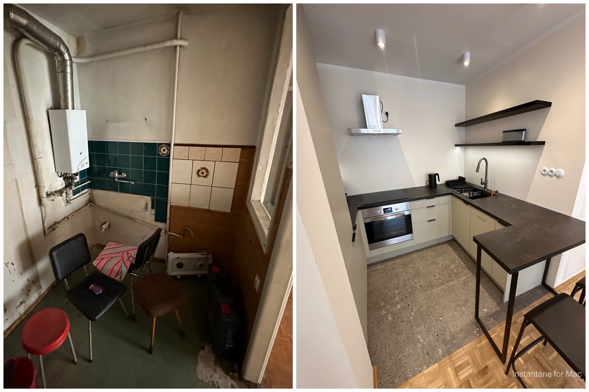 Porównanie kuchni w Gdańsku: widok przed i po remoncie, ukazujący znaczącą metamorfozę z zaniedbanej przestrzeni z gazowym piecykiem i starą glazurą w nowoczesne, minimalistyczne wnętrze z jasną...