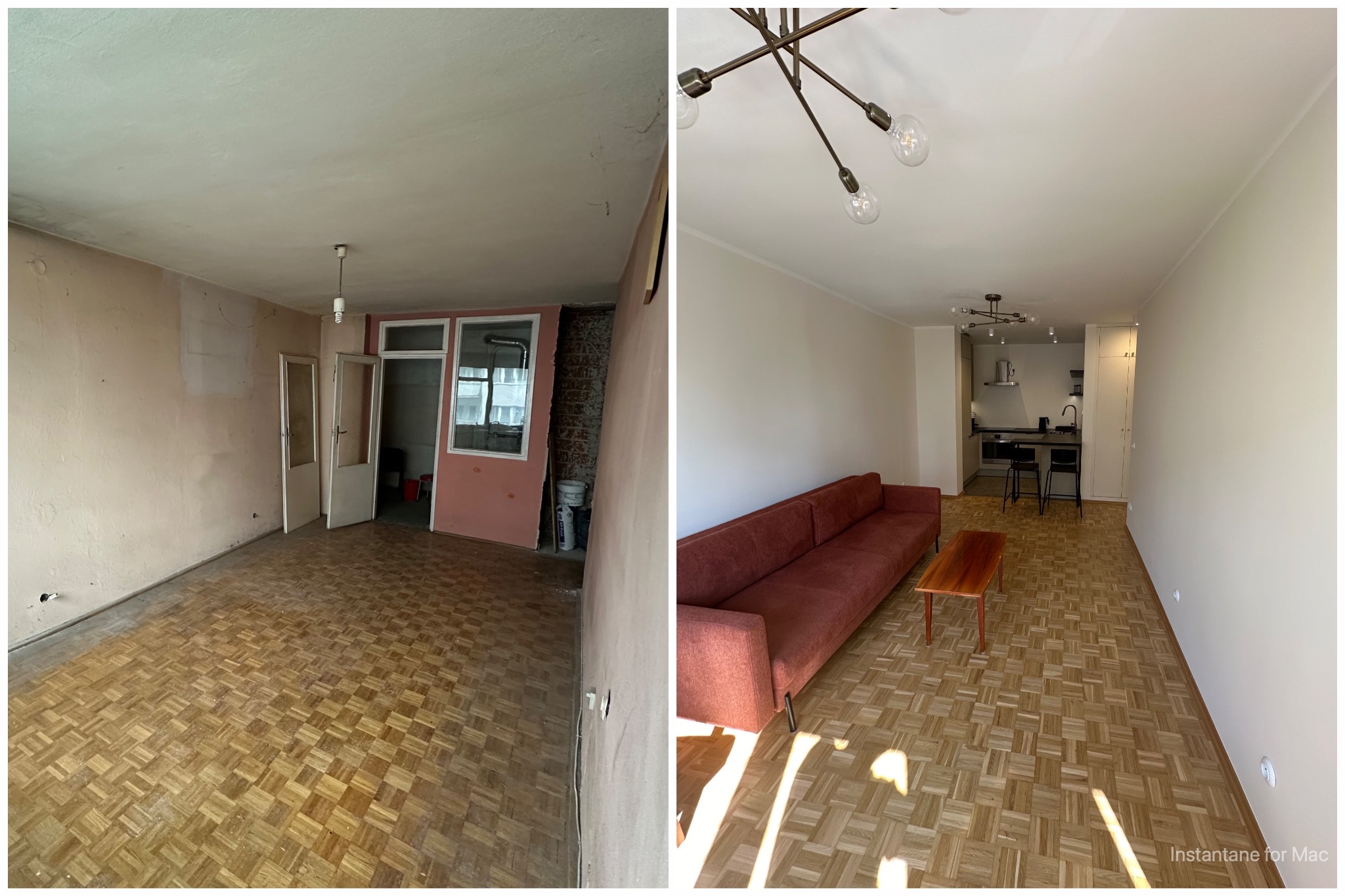 Porównanie pokoju przed i po remoncie: surowe ściany i stara podłoga kontra gładkie ściany, odnowiona podłoga parkietowa i nowoczesne meble.