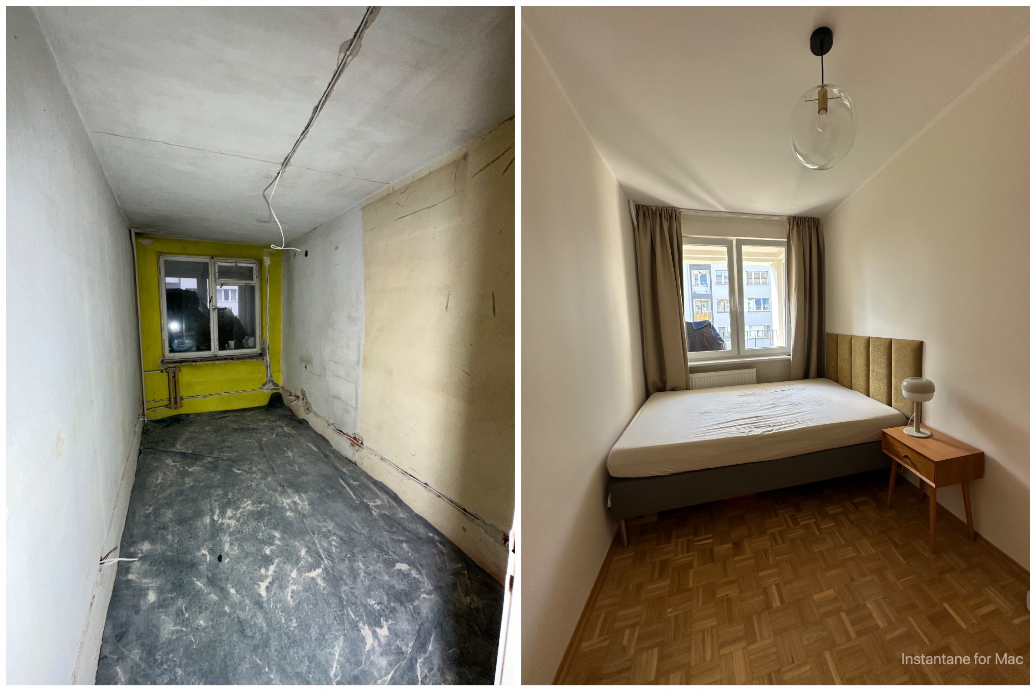 Porównanie pokoju przed i po: surowe ściany z odsłoniętymi przewodami elektrycznymi i zabezpieczoną podłogą kontra odnowione wnętrze z parkietem, łóżkiem i lampą wiszącą.