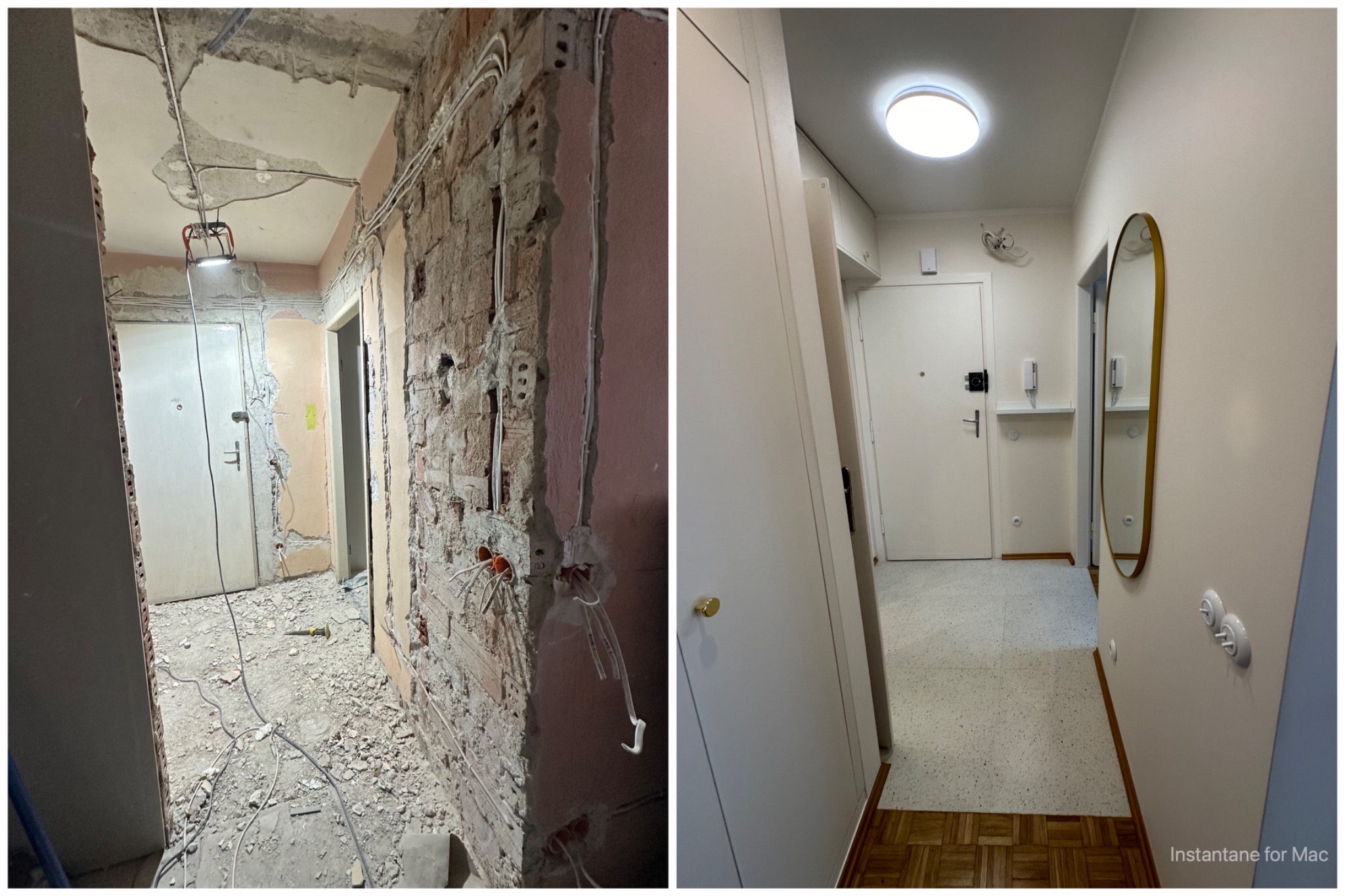 Korytarz w mieszkaniu: po lewej stronie stan surowy z odsłoniętą cegłą, instalacją elektryczną i gruzem, po prawej wykończony korytarz z białymi ścianami, lustrem w złotej ramie i terazzo na podłodze.