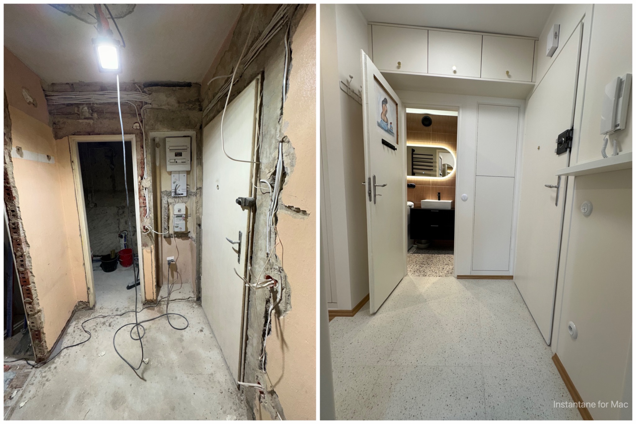 Korytarz w trakcie remontu: widok przed i po. Po lewej: surowa ściana z odsłoniętymi przewodami, prowizoryczne oświetlenie. Po prawej: wykończony korytarz z zabudową meblową, nową podłogą...