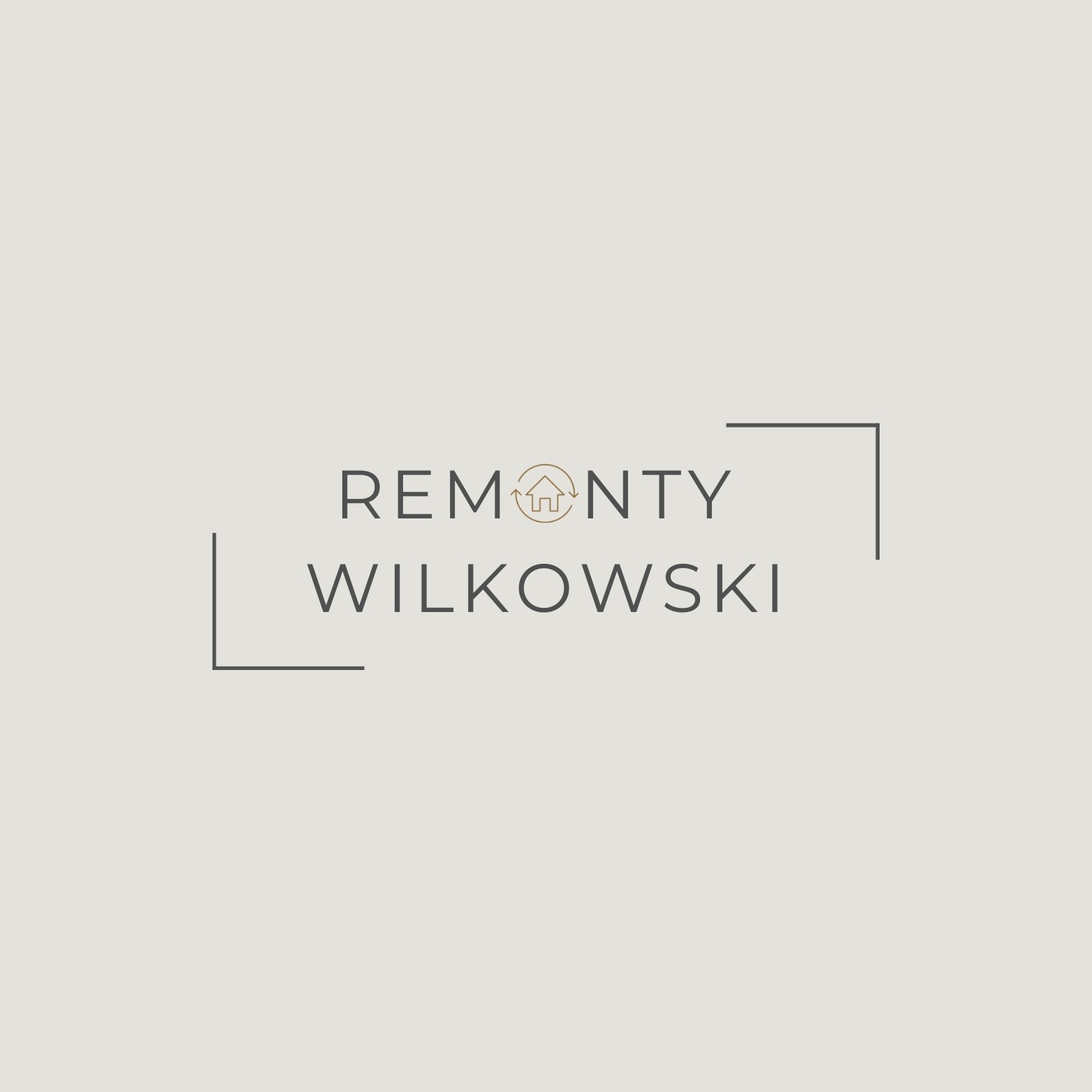 Minimalistyczne logo firmy remontowej 'Remonty Wilkowski' z ikoną domu w okręgu, otoczone prostymi liniami tworzącymi częściowy kwadrat.