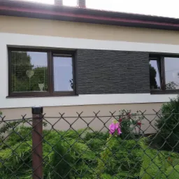 Fragment elewacji domu z dwoma oknami, z których jedno sąsiaduje z ciemnoszarą, poziomą okładziną kamienną, widoczny fragment ogrodzenia z siatki i roślinność.