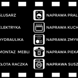 Grafika prezentująca zestaw usług: ślusarz, elektryka, hydraulika, montaż mebli, złota rączka oraz naprawa pralek, kuchenek, zmywarek, piekarników i suszarek, ikony w białej kolorystyce na czarnym...