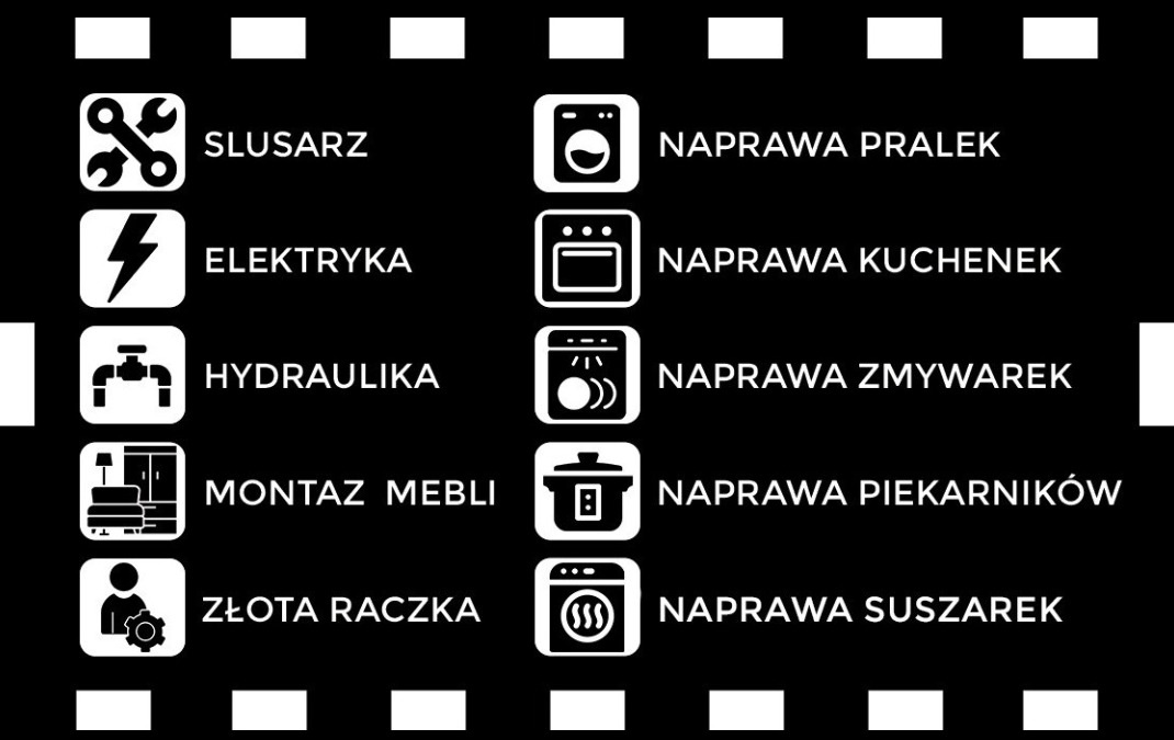 Grafika prezentująca zestaw usług: ślusarz, elektryka, hydraulika, montaż mebli, złota rączka oraz naprawa pralek, kuchenek, zmywarek, piekarników i suszarek, ikony w białej kolorystyce na czarnym...