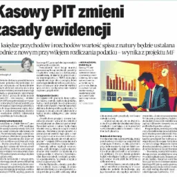 Ilustracja artykułu o zmianach w zasadach ewidencji kasowego PIT, przedstawiająca stylizowaną grafikę mężczyzny w garniturze analizującego wykresy na laptopie.