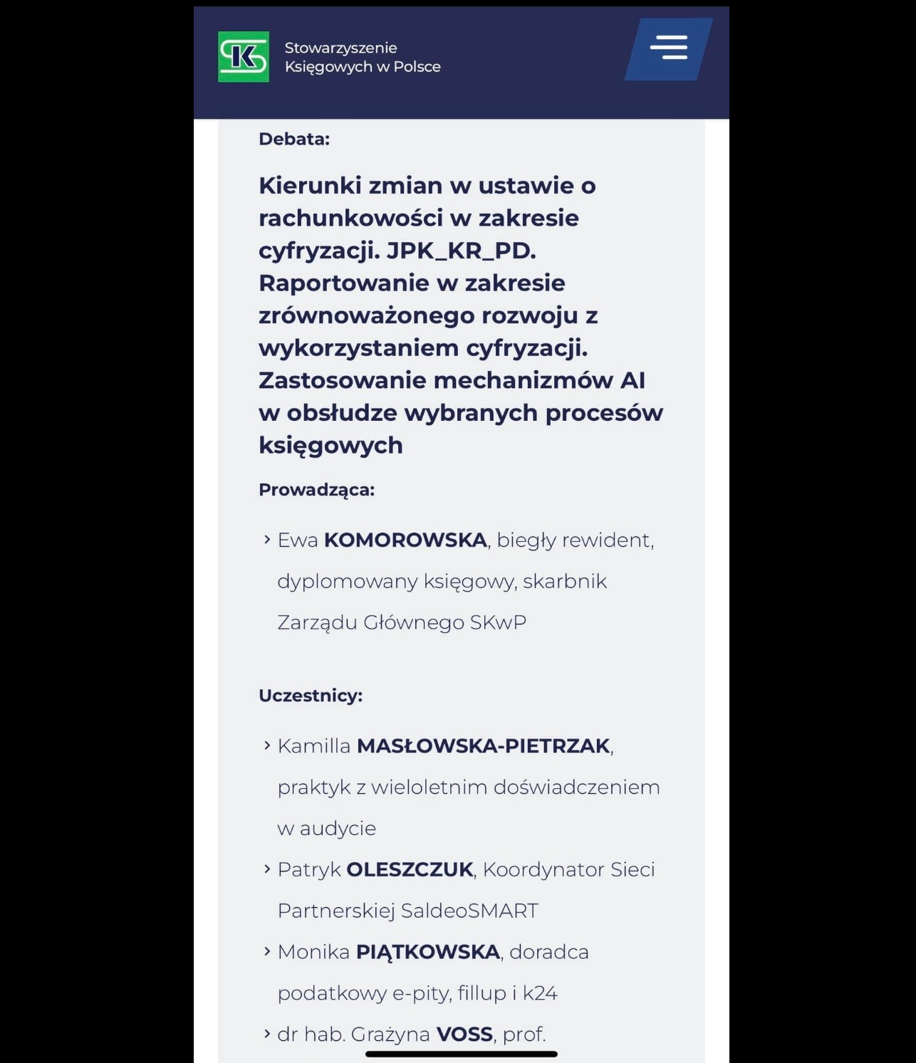 Zrzut ekranu programu debaty Stowarzyszenia Księgowych w Polsce dotyczącej zmian w ustawie o rachunkowości i cyfryzacji, wymieniający prowadzących i uczestników.