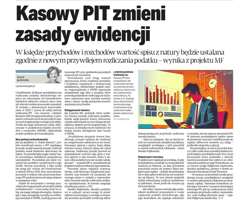 Ilustracja artykułu o zmianach w zasadach ewidencji kasowego PIT, przedstawiająca stylizowaną grafikę mężczyzny w garniturze analizującego wykresy na laptopie.