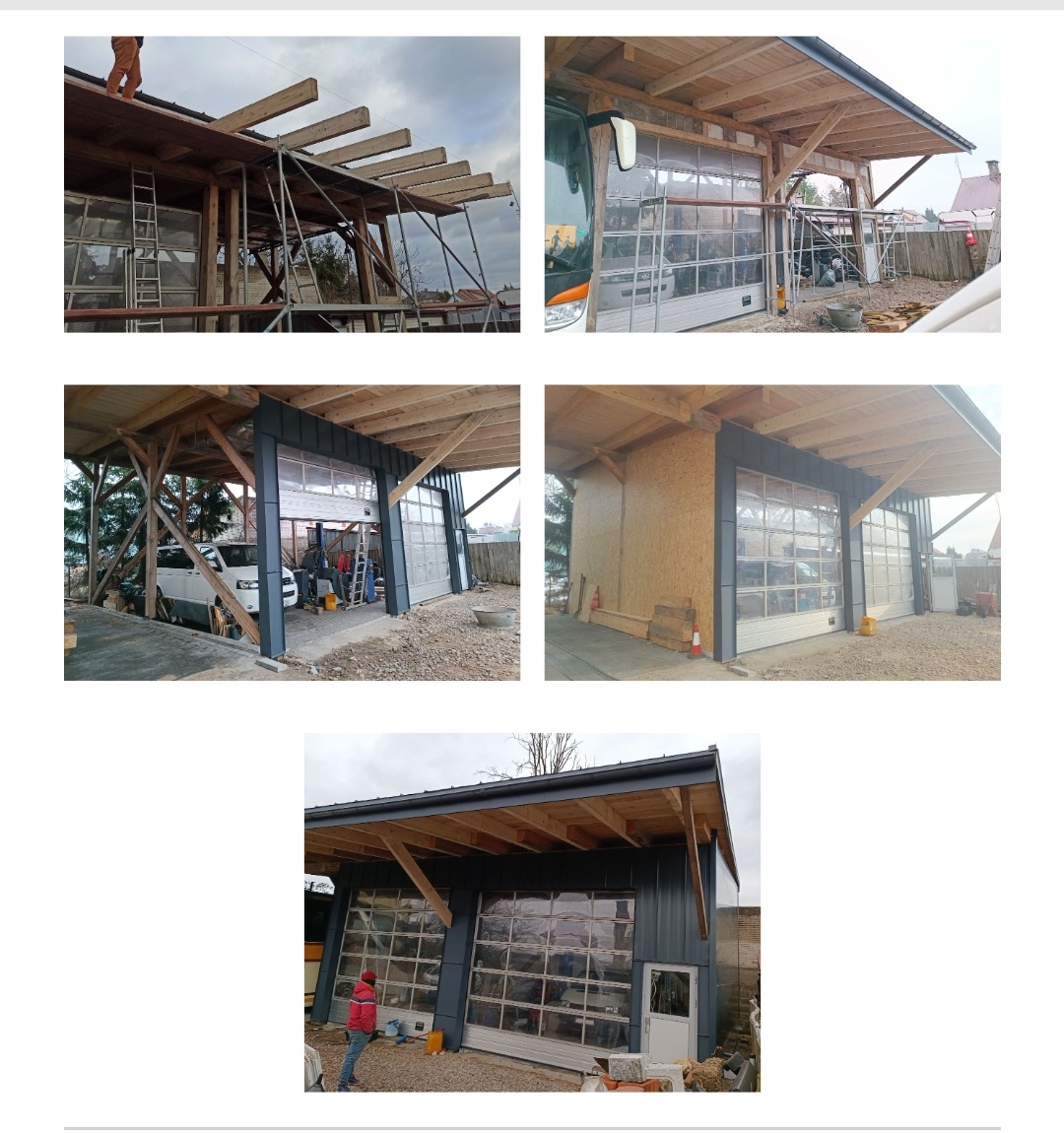 Zadaszenie z blachy na rąbek w kolorze RAL 7016, ściana boczna wewnętrzna z płyty OSB 22 mm, ściana boczna zewnętrzna i tylna z płyty warstwowej o grubości 8 cm, widoczne transparentne segmentowe...