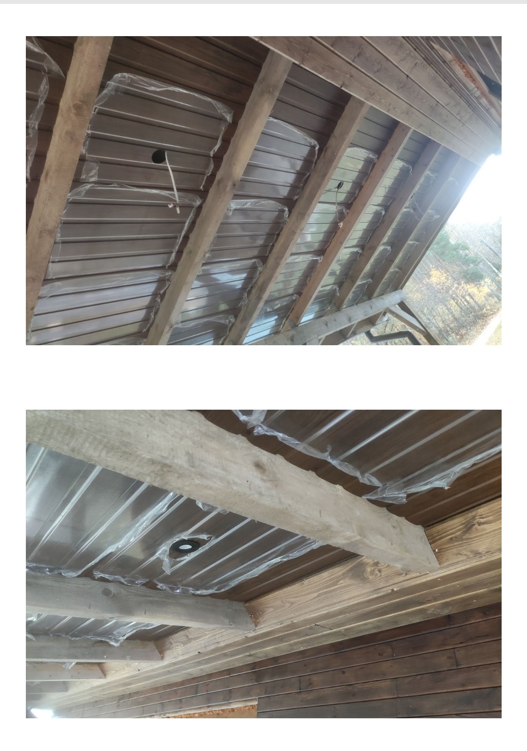 Podbitka metalowa zadaszenia tarasu w kolorze złoty dąb. Dodatkowo poprowadzenie kabli i montaż oświetlenia LED.